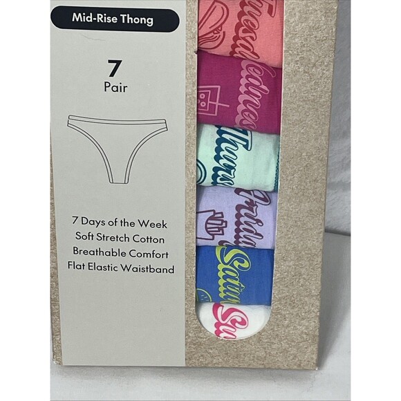 No Boundaries Mid-Rise Thong 7 Pair 7 Days of the Week Cotton Size XS 0-2 NEW - Picture 2 of 5